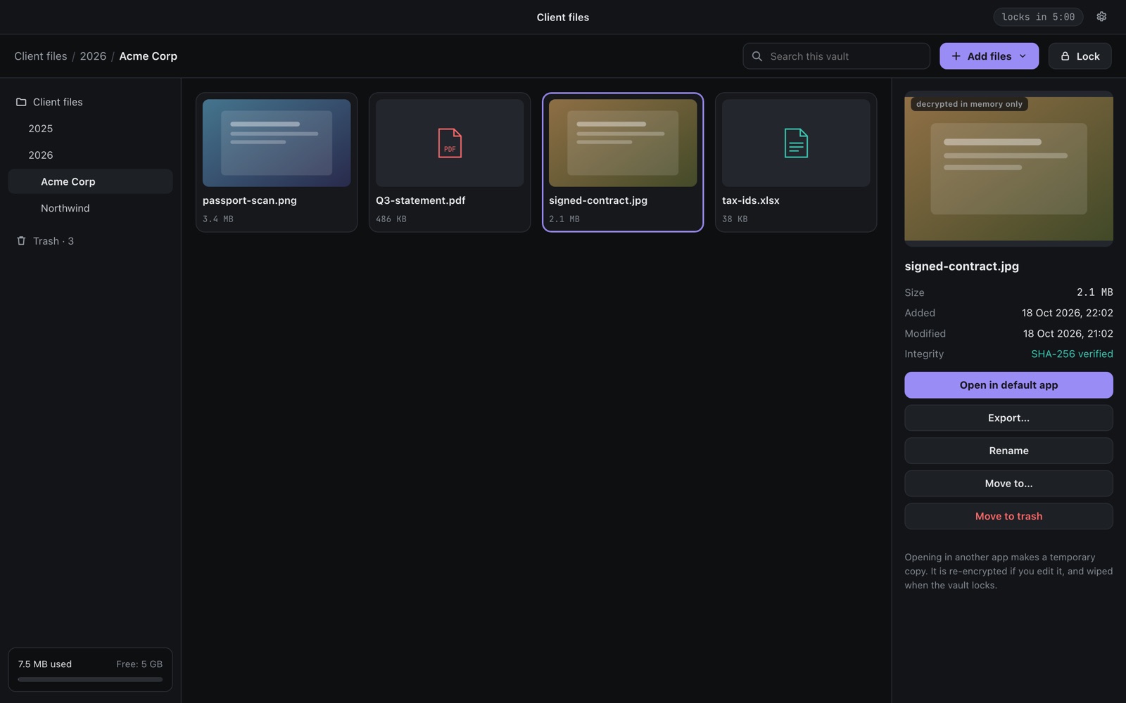 An unlocked vault: folders, thumbnails, and a file preview decrypted in memory