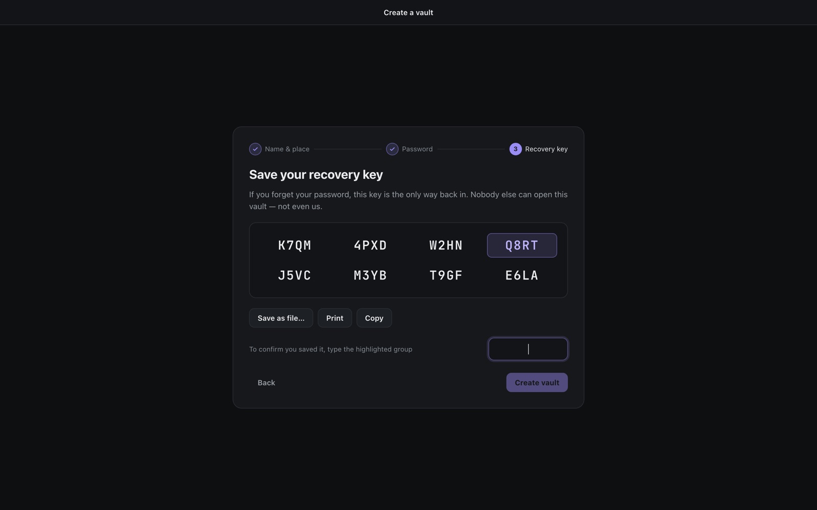 Saving the recovery key while creating a vault