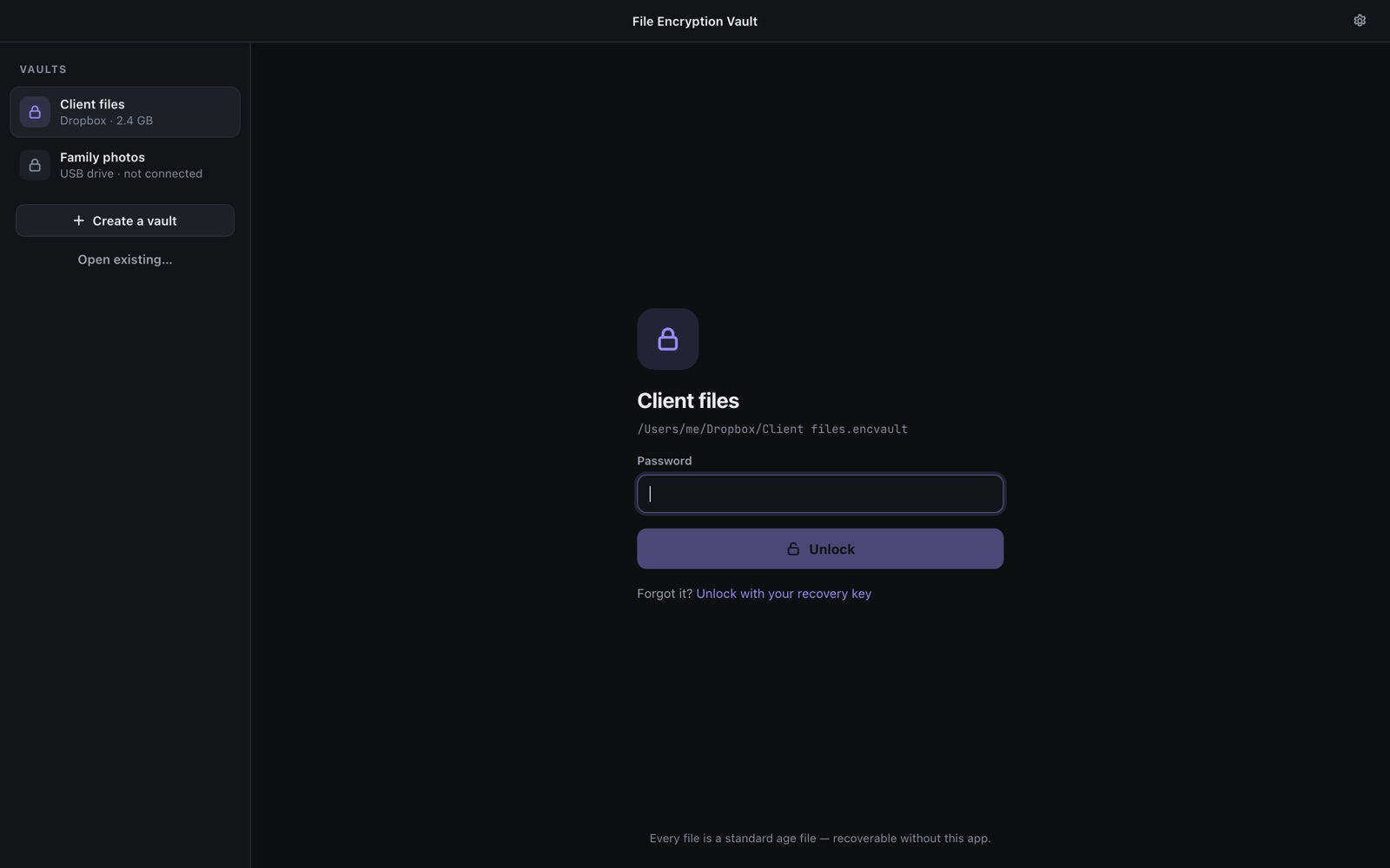 Unlocking a vault with its password